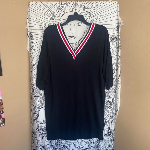 Sweater Dress with Striped Deep-V Neckline - Picture 2 of 2